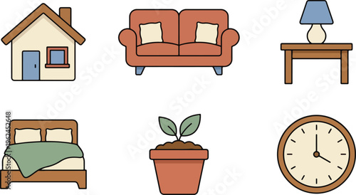Simple cartoon illustration displays six separate, colorful icons representing household objects and items.