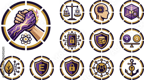 Illustrative set of circular icons representing various concepts including technology, security, and data.