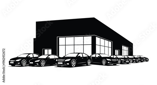 Silhouette of a modern building with a row of cars in front silhouette