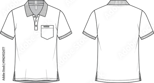 Technical Flat Vector Illustration of Men's Short Sleeve Polo Shirt with Chest Pocket, Ribbed Collar, and Side Slits Fashion Template.