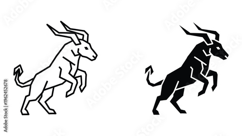 Contrast between a white and black outline of a rearing antelope silhouette