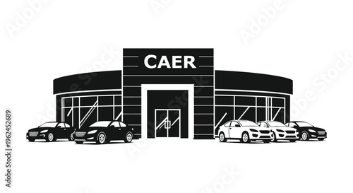 Silhouette of a car dealership building with vehicles caer logo