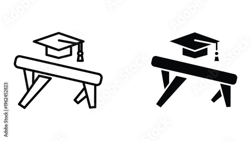 Graduation caps on parallel bars symbolizing academic achievement and gymnastics