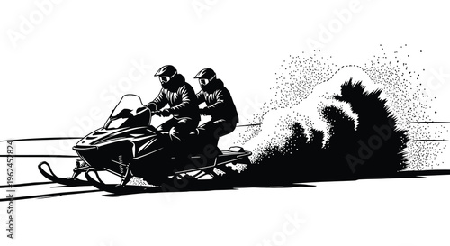 Silhouette of a snowmobile rider speeding through snowy terrain on a winter day silhouette