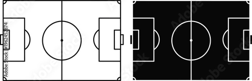 Black and white soccer field with center circle and goal areas
