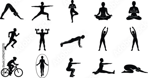 Silhouettes of diverse individuals engaged in various physical activities including yoga poses, running, weightlifting cycling and stretching.
