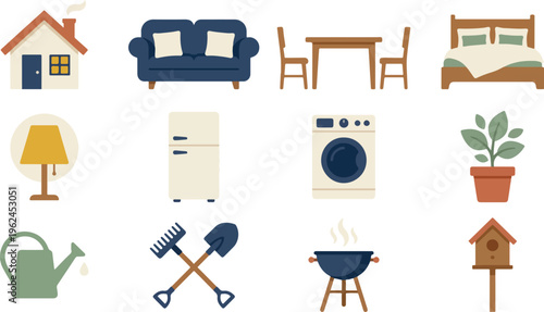 Collection of simple cartoon icons representing various household objects including a house, sofa, dining table and chairs bed lamp refrigerator washing machine plant watering can gardening