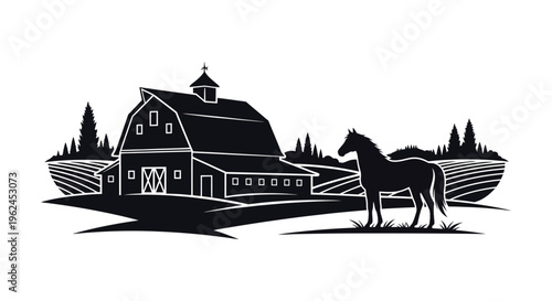 Silhouette of a horse standing in front of a rural barn and fields at sunset silhouette