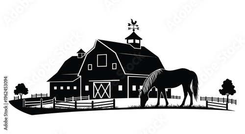 Silhouette of a horse in front of a rustic barn with a fenced yard and trees