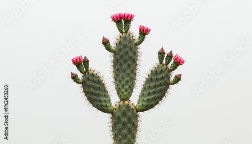 The cactus features vibrant pink flowers blooming at the tips of its spines. This cactus stands tall, showcasing its unique structure and striking floral display.