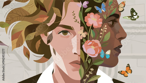 Illustration Of A Woman's And A Man's Face, The Left Side Of The Hair Looks Like Dry Leaves Blown By The Wind, The Right Side Turns Into Flowers And Butterflies Vector Design Template