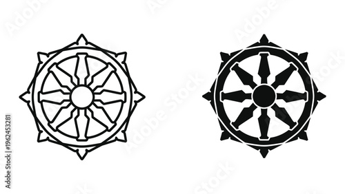 Dharma wheel and compass rose symbols depicted in black and white designs