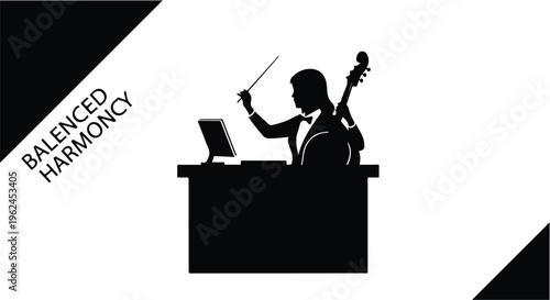 music conductor silhouette with laptop and cello