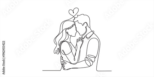 romantic couple kissing with heart above, line art