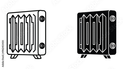 Contrasting black and white illustrations of a radiator with different color schemes