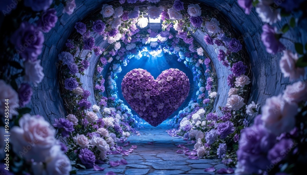 Fototapeta premium A floral heart made of roses sits at the end of a tunnel lined with flowers. The vibrant flowers create a romantic setting filled with purple and pink hues.
