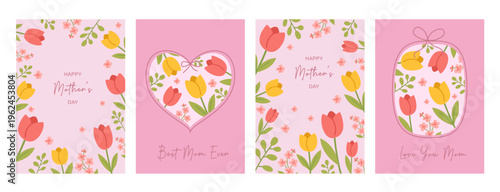 Happy Mother's Day card coquette set. Hand drawn beautiful flowers with bow, spring red and pink floral cute design. Whimsical frames with bows. Perfect for poster, banner. Vector illustration.
