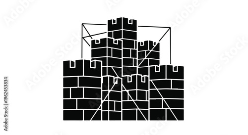 black castle wall with white lines and geometric shapes
