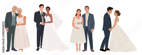 Set of couples embrace joyfully, dressed in formal wedding attire. Each pair smiles, radiating happiness and love. Illustrations show couples in traditional wedding poses. Ideal for wedding events