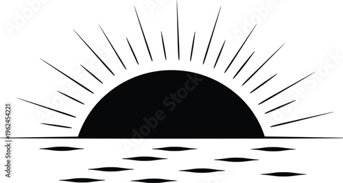 Minimalist sunset silhouette with sun rays and water reflection, vector icon for retro summer design