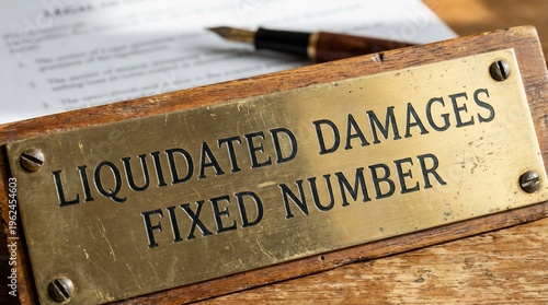 Liquidated Damages Fixed Number brass plaque on a wooden desk with a contract and pen.