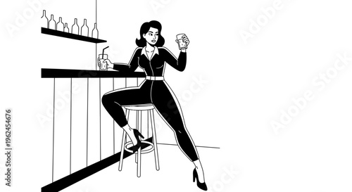 Stylish woman sitting at bar counter holding a drink in black and white  