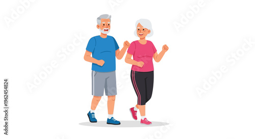 Senior couple jogging together active lifestyle fitness exercise flat design vector illustration