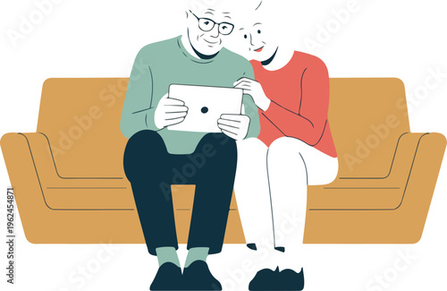 Senior people sitting on couch using tablet for video call, communicating with children and grandchildren digitally, modern technology vector illustration