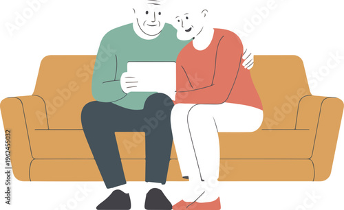 Elderly couple sitting on sofa using tablet to video call family, staying connected with children and grandchildren vector illustration