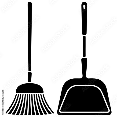 Classic black broom and dustpan vector icon set, essential cleaning tools for household chores and maintenance