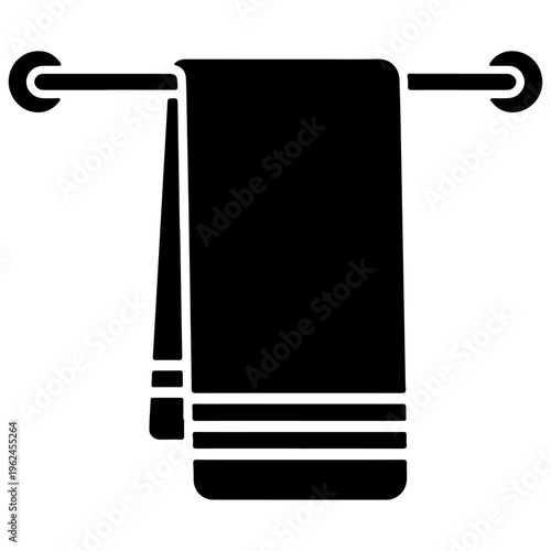 Minimalist black towel hanging on a sleek towel rack, essential bathroom accessory icon, clean hygiene vector graphic