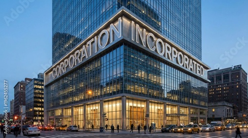 Modern corporate office building with an illuminated Incorporation sign at dusk.