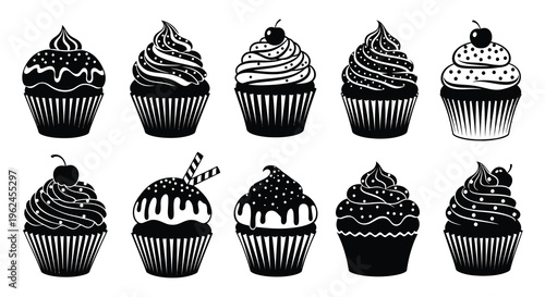 Silhouette of assorted cupcakes with various frostings and toppings