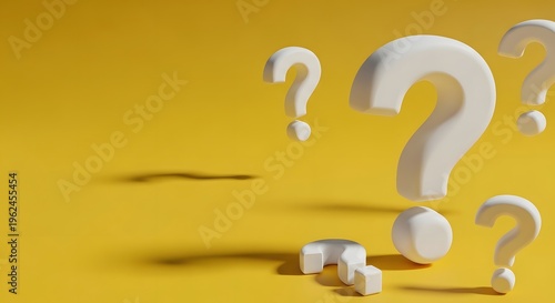 3D Render of White Question Marks Floating on a Vibrant Yellow Background, Perfect for FAQ Sections, Problem Solving Concepts, Business Strategy Presentations, Marketing Materials, and Digital