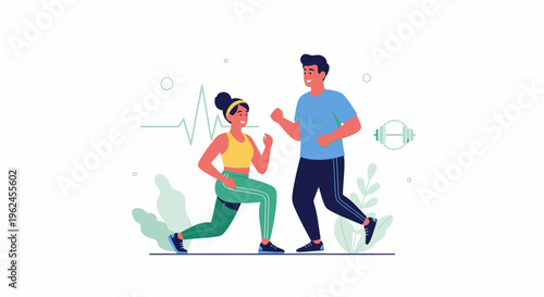 Happy Couple Exercising Together: Running Man and Woman Doing Lunges. Fitness, Health, and Active Lifestyle Illustration.