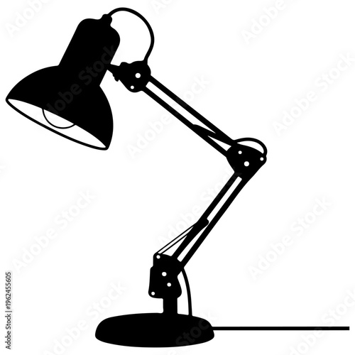 Adjustable desk lamp silhouette vector, classic black task light illustration, vintage table lamp graphic, retro study lamp icon for office and home decor.