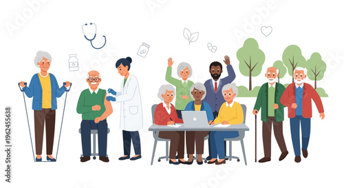 Healthy and Active Aging: Diverse Seniors Engaging in Healthcare, Learning, and Social Activities