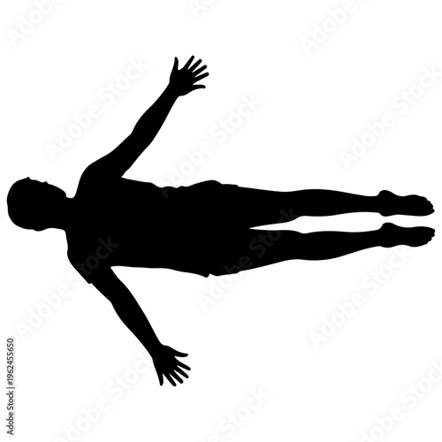 Dynamic black silhouette of a person lying down with arms outstretched, a versatile vector graphic for fitness, relaxation, and human form concepts.