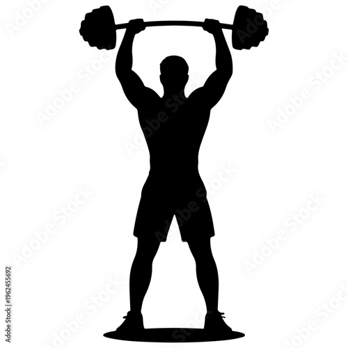 Powerful weightlifting silhouette, strong man lifting barbell overhead, intense fitness workout, gym training, strength sport, bodybuilder exercise