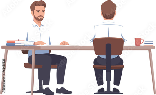 Happy businessman sitting at desktop computer, working on financial analytics, office worker or company employee shown from front and back vector illustration