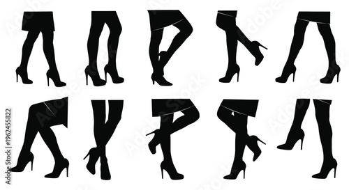 Silhouette of women's legs in various poses and high heels showcasing fashion and style with silhouette