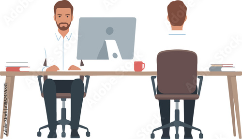 Office worker businessman at computer desktop, smiling while analyzing finances, company employee front and back view vector illustration