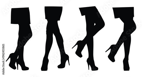 Four black silhouette of women's legs in high heels and skirts