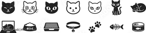 Collection of cat faces and related icons in black and white
