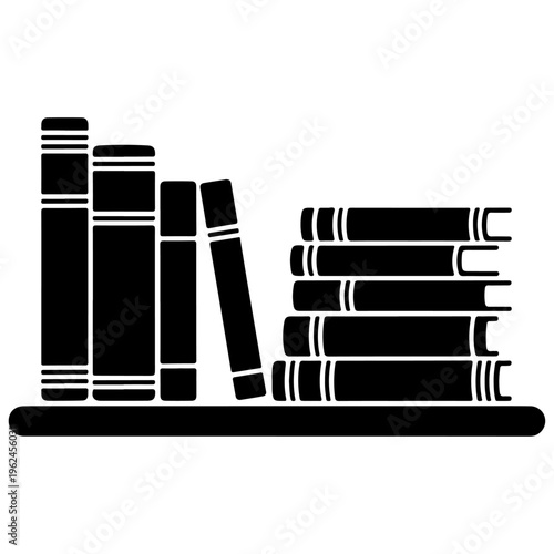 Minimalist black book collection vector, stacked and upright books on a shelf, education and knowledge icon, library and bookstore graphic element