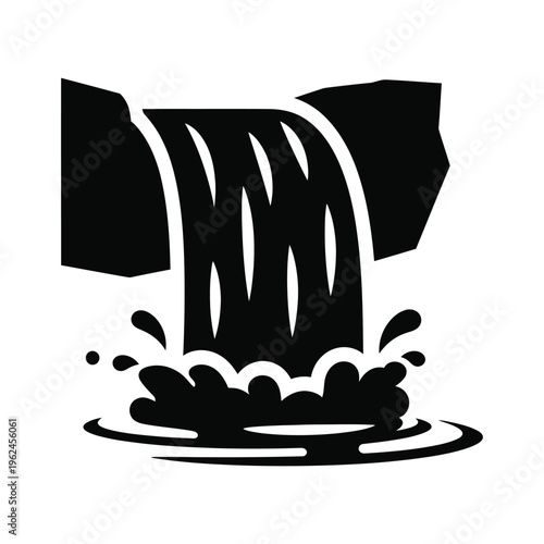 Waterfall flowing from cliff into a pool black and white vector icon