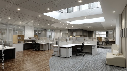 Modern Office Space with Natural Light and Workstations.