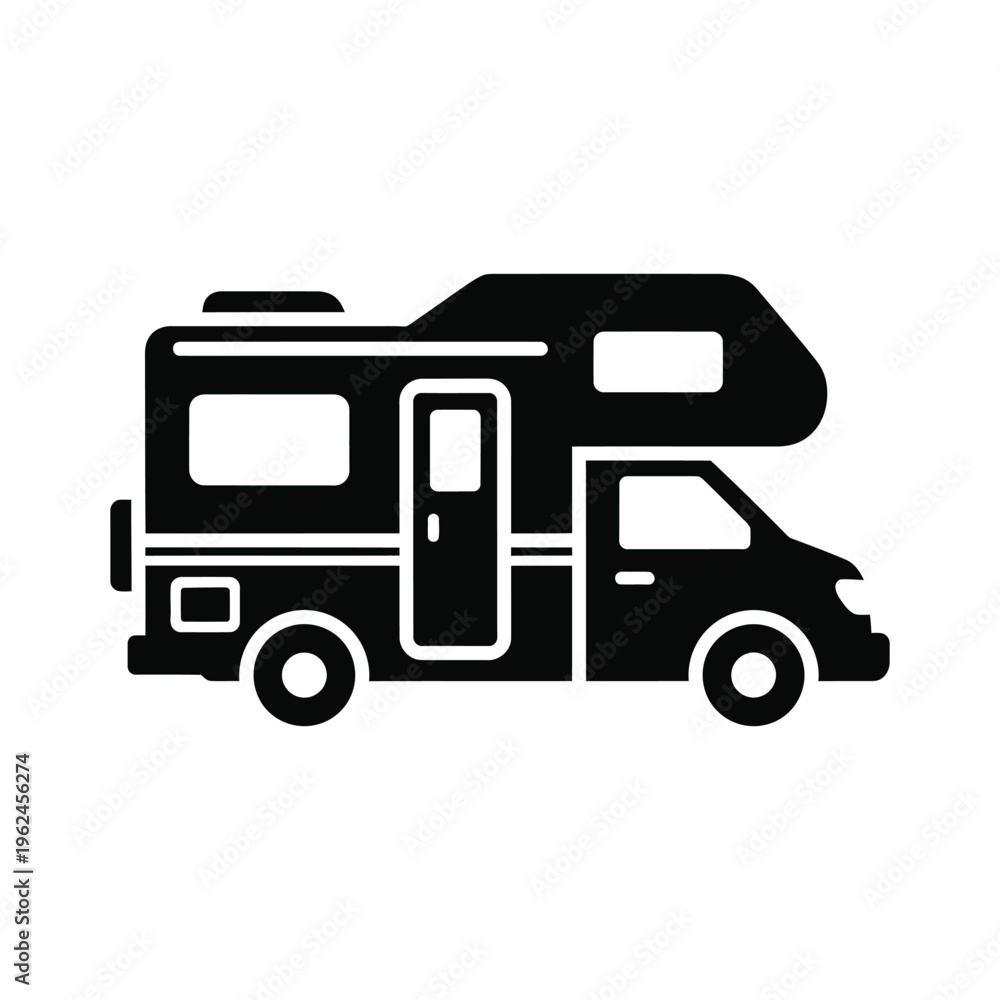 Fototapeta premium Camper van motorhome RV icon side view black silhouette vector for travel and camping