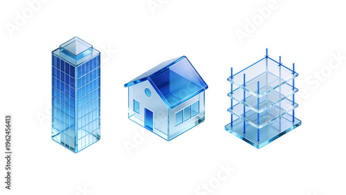 Isometric illustration of a blue 3d building block structure designed as a modern residential home model for real estate architecture and apartment construction concepts