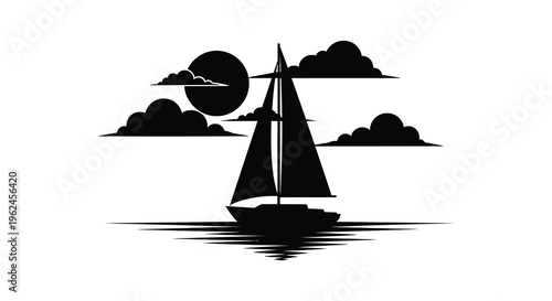 Sailing silhouette against sunset with mountains and calm waters silhouette